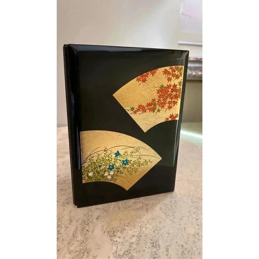 Denso Black Gold Floral Print Hinged Double Wall Bifold Folding Picture Frame ne